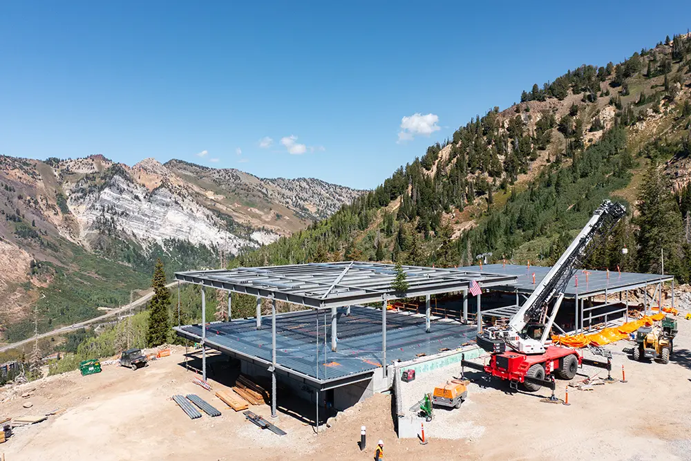 Cranes put in the framing of the new mid-mountain restaurant at Snowbird