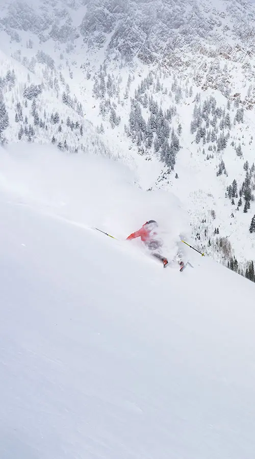 Skier in powder- mobile hero for lodging