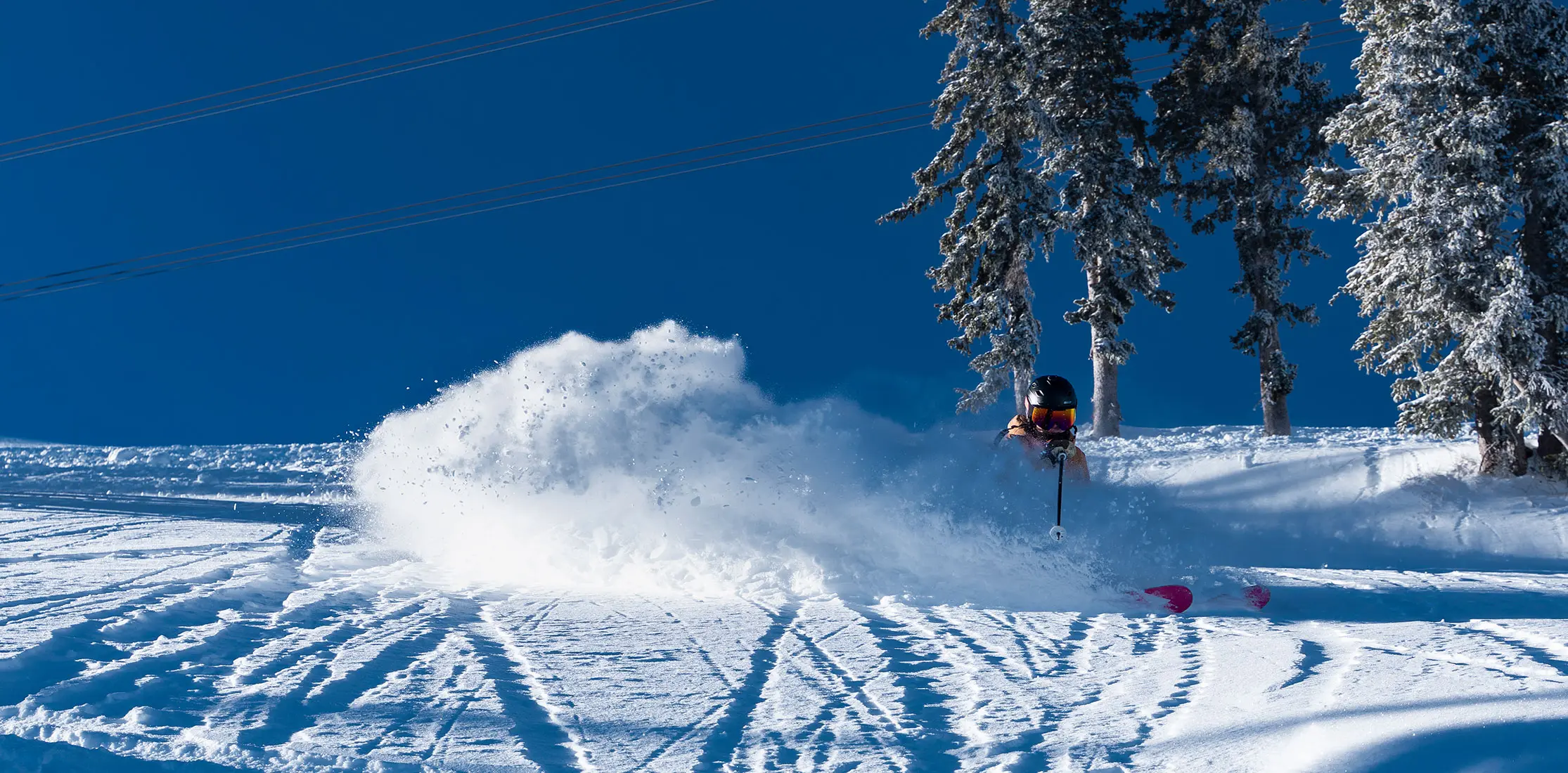 Skier in deep powder at Snowbird right after a storm